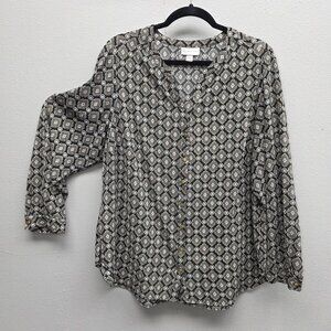 Christopher & Banks Shirt Womens 2X Black Geometric Print Button Down Top Blouse